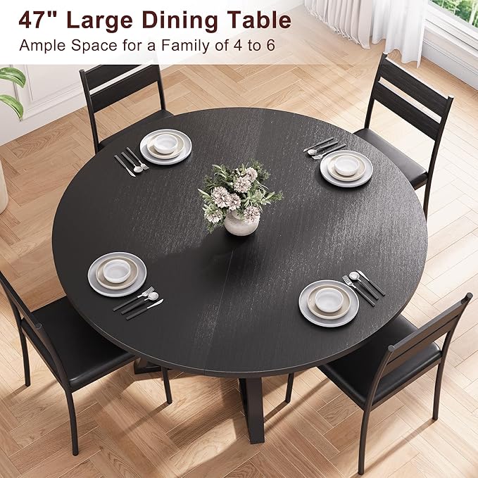 Round Dining Table for 4,Kitchen Dining Room Circle Dinner Pedestal Table,Space Saving Wood Kitchen & Dining Room Furniture (Black, 47In)