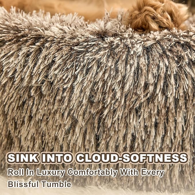 Jiupety Paw Shape Calming Pet Bed, Plush Faux Fur Donut Bed for Dogs & Cats, Machine Washable, Non-Slip Bottom, Large Size (26"×26"×8"), Gray