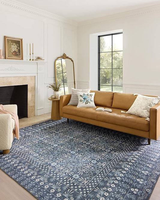 Loloi Rifle Paper Co. Maison Collection MAO-03 Rosette Blue 3'-0" x 3'-0" Round, .19" Pile Height, Accent Rug