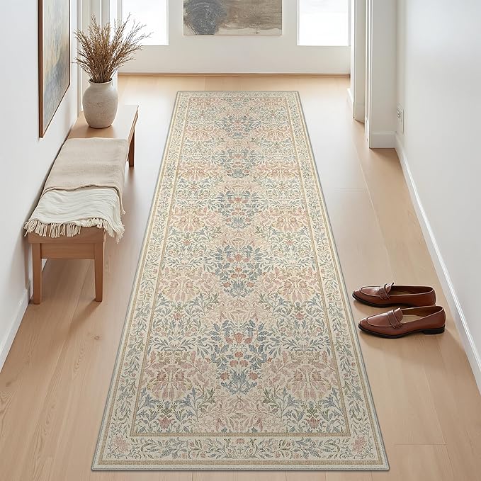 GENIMO Floral Washable Runner Rug 2’6”x10’, Non-Slip Long Hallway Carpet for Entryway, Kitchen, Indoor Floor Use, Vintage Boho Soft Thin Rug Décor, Beige Pink