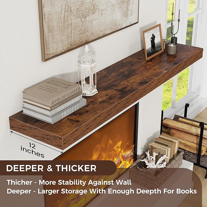 Floating Shelves for Wall, 72 Inch Wide x 12 Inch Deep Floating Shelves, Long Wood Floating Wall Shelf Shelves for Living Room Bathroom Bedroom Kitchen Home - (Brown, 72" W x 12" D x 2" H)