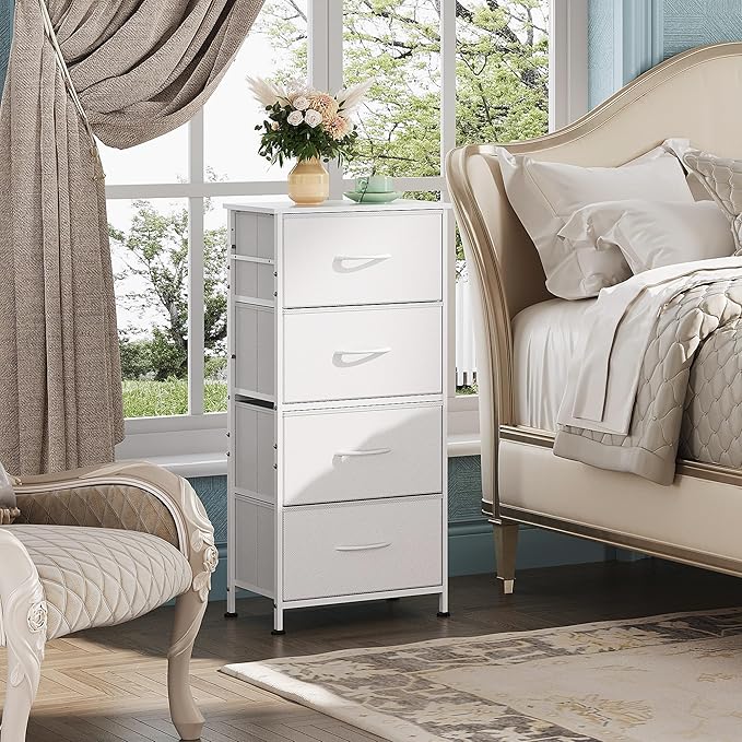 WLIVE Dresser with 4 Drawers, Storage Tower, Organizer Unit, Fabric Dresser for Bedroom, Hallway, Entryway, Closets, Sturdy Steel Frame, Wood Top, Easy Pull Handle, White