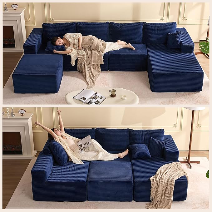 138" Boneless Couch with Deep Seat, Modular Sectional Sofa, Cloud Sectional Couch for Living Room, No Assembly Required, Corduroy, U-Shape 4 Seater Right, Blue