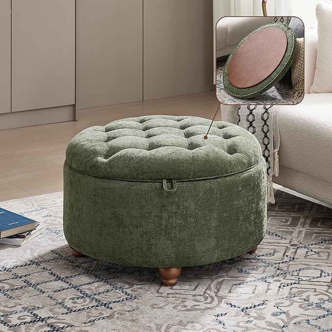 30Inch Round Storage Ottoman with Tray, Modern Tufted Circle Coffee Table with Storage, Upholstered Ottoman with Removable Top for Living Room, Bedroom, Chenille Green