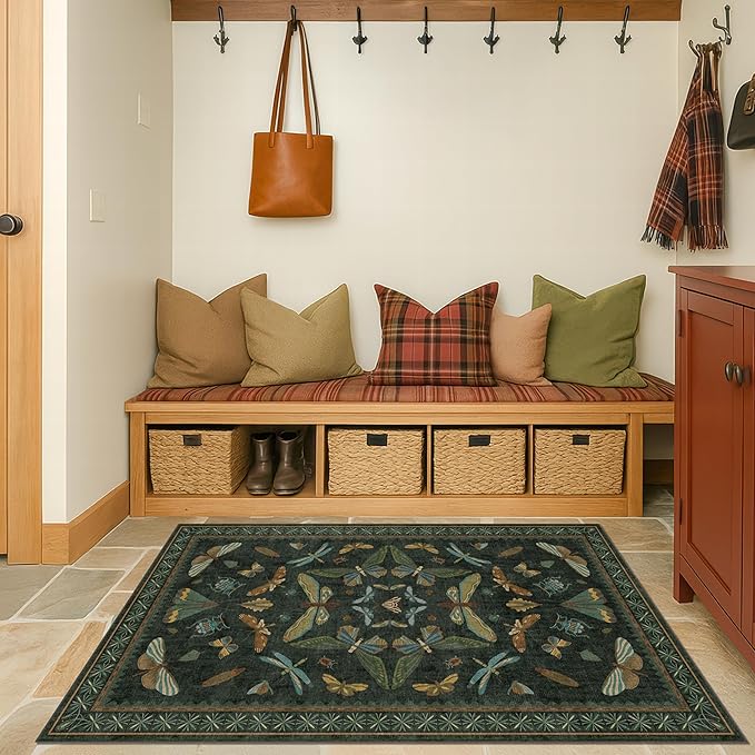 3x4 Unique Entryway Rug - Throw Rug for Large Kitchen, Entry Way, Mudroom, Dark Green and Black Insect Print, Washable Low Pile Floor Carpet