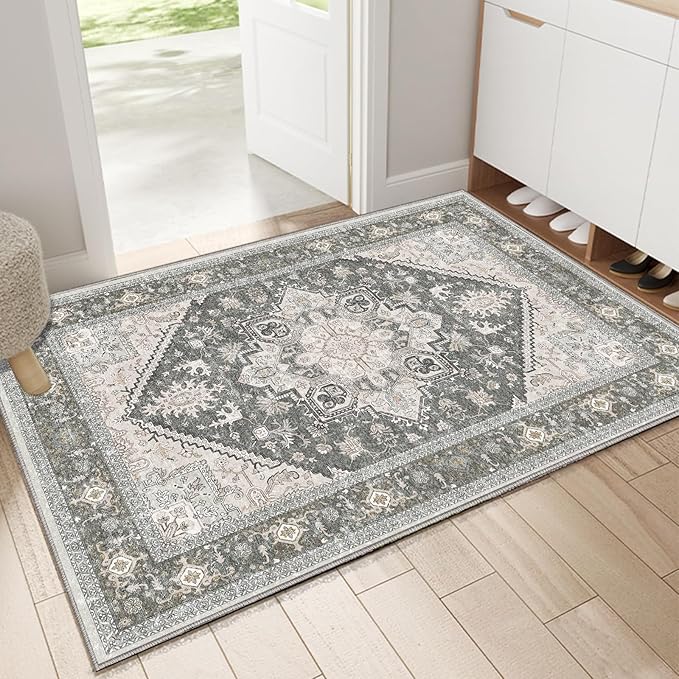 OPPODREAM Thin Throw Rugs 2x3, Small Washable Entryway Rugs 2 x 3 with Non Slip Backing, Low-Pile Faux Cashmere 2 x 3 Carpet, Greenish Grey