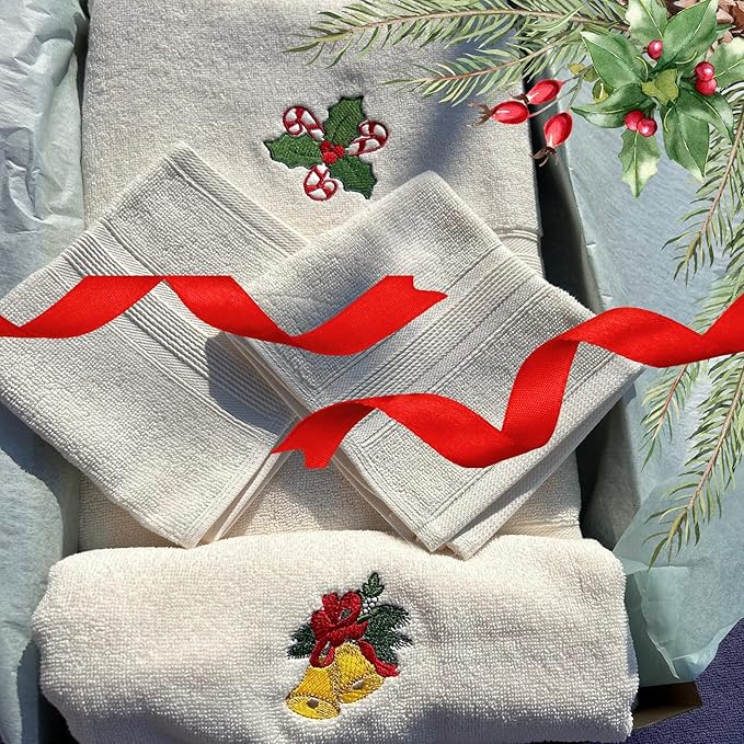 Luzia Christmas Towel Set | Ivory Color | Includes 1 Bath and 1 Hand Towel with Embroidered Designs and 2 Plain Washcloths | Presented in A Beautiful Craft Box