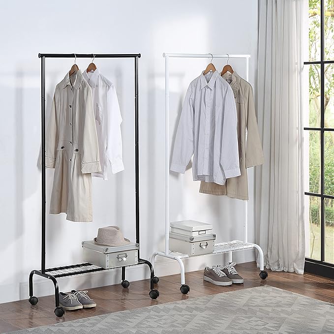 SunnyPoint Rolling Garment Rack with Shelf – Heavy-Duty Metal Clothing Rack on Wheels, 64.9” Tall Clothes Organizer with Bottom Storage, White