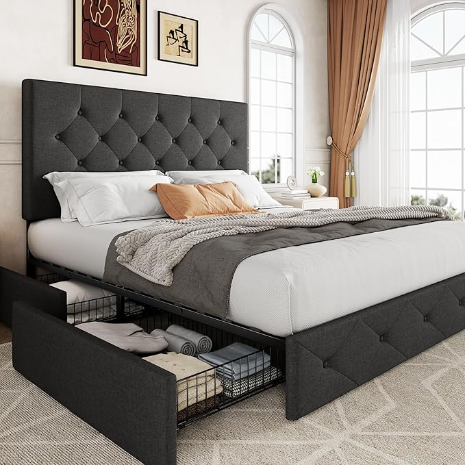 Allewie Upholstered Full Size Platform Bed Frame with 4 Storage Drawers and Headboard, Diamond Stitched Button Tufted, Mattress Foundation with Wooden Slats Support, No Box Spring Needed, Dark Grey