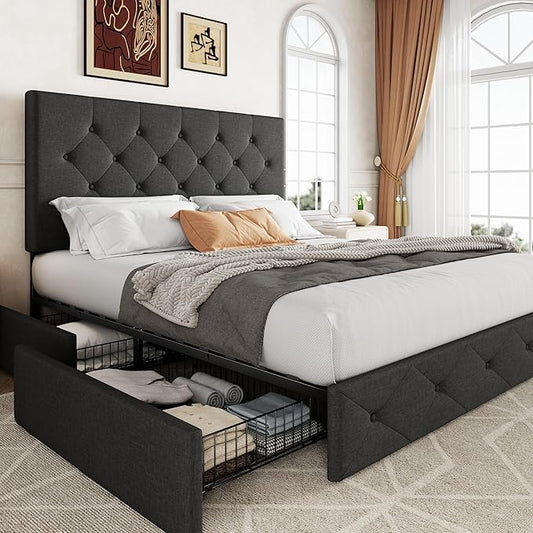 Allewie Upholstered Full Size Platform Bed Frame with 4 Storage Drawers and Headboard, Diamond Stitched Button Tufted, Mattress Foundation with Wooden Slats Support, No Box Spring Needed, Dark Grey