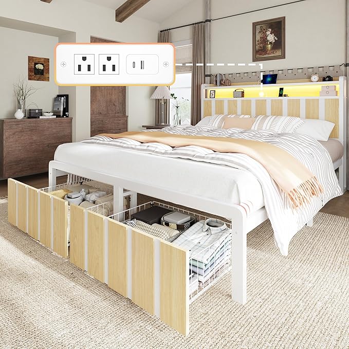 Queen Bed Frame with Storage Headboard & Dual Built-in Storage Drawers, Heavy Duty Platform Bed with 4-Device Charging Station and LED Lights, Noise-Free Design, No Box Spring Needed, White