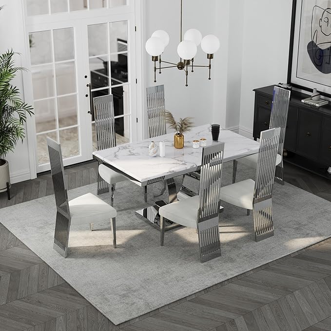 Modern Dining Chairs Set of 6, White Boucle Dining Room Chairs with Silver Polished Stainless Steel Legs, Upholstered Chairs with High Back and Metal Legs for Kitchen/Living Room/Restaurant