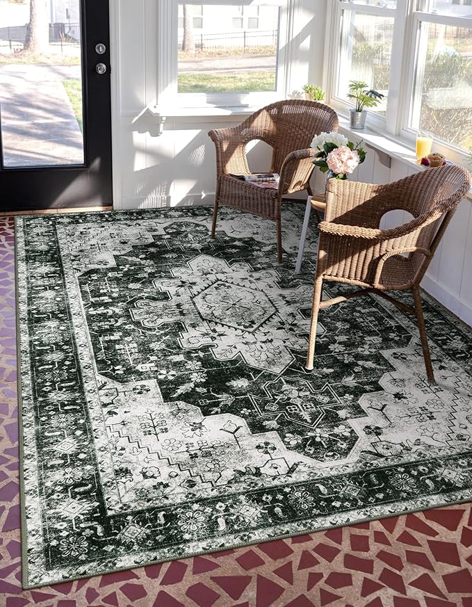 Moynesa Ultra-Thin Washable Vintage 5x7 Area Rugs - Large Boho Living Room Rug Non-Slip Non-Shedding Stain Resistant Indoor Floor Carpet for Bedroom Dining Room Entryway, Black/White