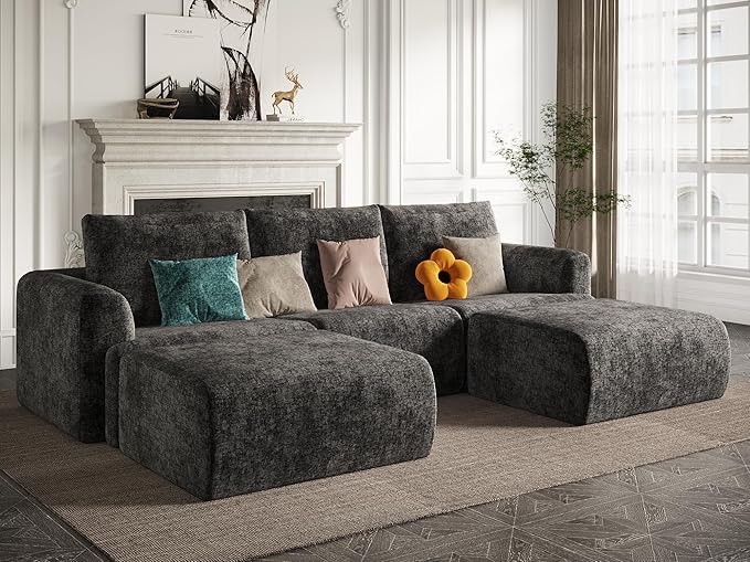 EASE MOOSE Cloud Couch Sectional Sofa, Large U-Shaped Oversized Modular Couch for Living Room, Minimalist Boneless Convertible Couches with Ottoman, 5-Seat Deep Sofa for Bedroom, Chenille (Dark Grey)