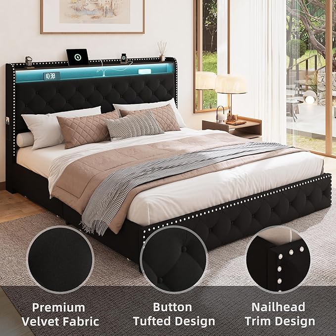 BRELTAM King Size Bed Frame with 4 Storage Drawers Upholstered Velvet Bed Frame with LED and Charging Station,Platform Bed Frame with Headboard Heavy Duty Wood Slats,Noise Free,Easy Assembly,Black