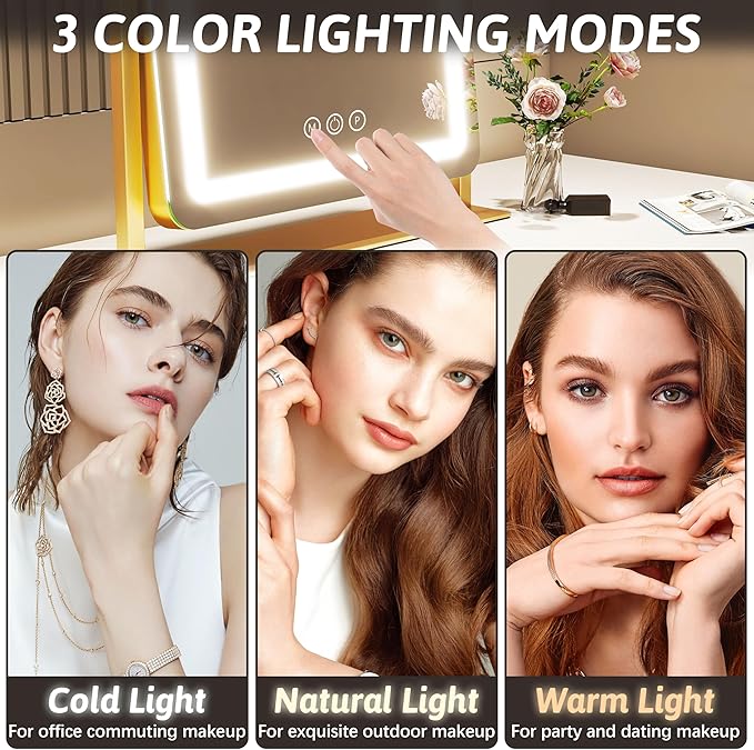FENNIO Vanity Mirror with Lights 22 Inch- LED Lighted Makeup Mirror,Large Makeup Mirror with Lights,Touch Screen with 3-Color Lighting,Led Mirror Makeup,Dimmable(Gold)