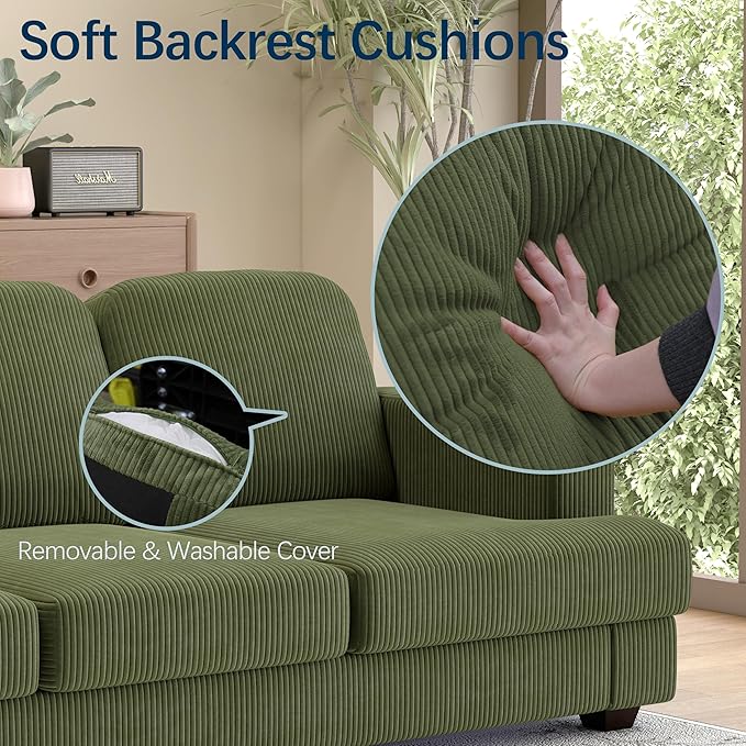 WiberWi 87 inch Couches for Living Room, Comfy 3 Seater Sofa with Deep Seat, Modern Green Corduroy Couch with Wide Armrests, Upholstered Backrests with Removable Cover