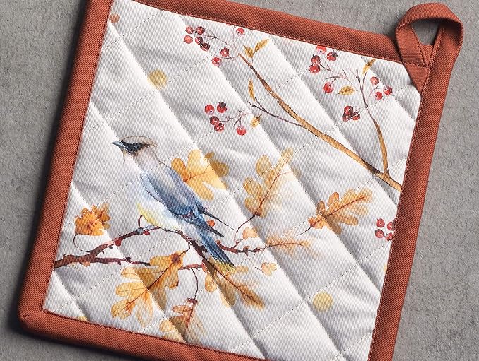 Maison d' Hermine Pot Holders Set 100% Cotton Heat Resistant Potholders 8" x 8" Hot Pads with Loop for Thanksgiving Christmas Decorations BBQ Cooking Baking Handling Hot Pans (Pack of 2, Oak Leaves)