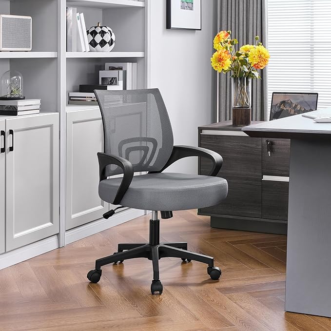 Yaheetech Mid Back Office Chair Executive Task Swivel Rolling Gaming Chair with Lumbar Support and Armrests Rolling Casters, Dark Grey