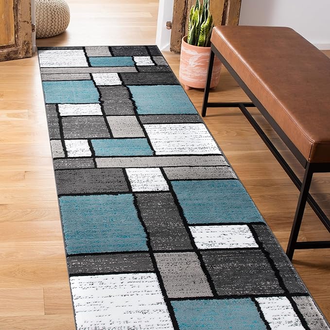 Rugshop Contemporary Modern Boxes for Home Office,Living Room,Bedroom,Kitchen Non Shedding Runner Rug 2' x 7'2" Blue/Gray
