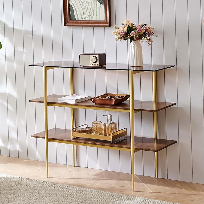 Glass Console Table for Living Room, Foyer & Entryway, L41 x W14 x H31 Inch, 3-Tier Mid-Century Modern Sofa Table with Amber Glass Top, Walnut Finish Wood Shelf and Gold Finish Frame