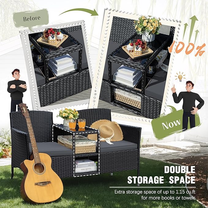 Greesum Patio Loveseat Outdoor Wicker Furniture Conversation Set with Soft Cushions & Built-in Coffee Table for Lawn Garden Backyard, Gray