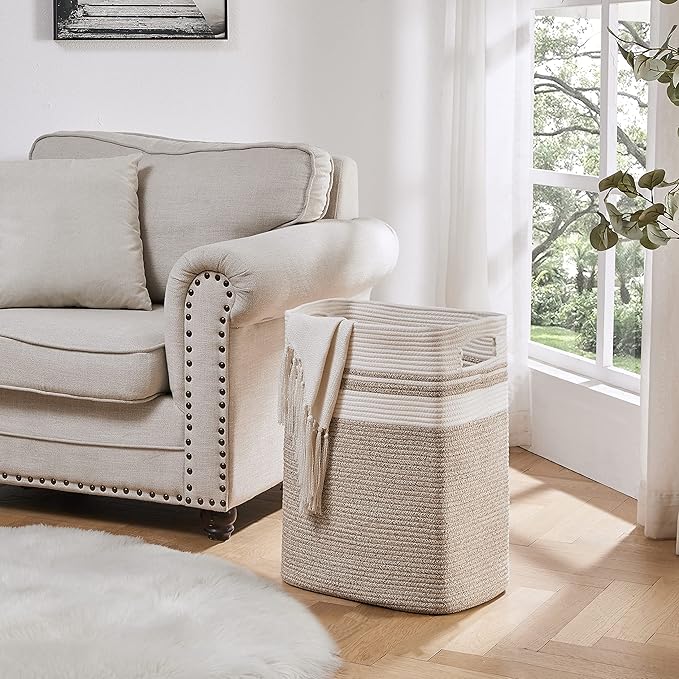 OIAHOMY Laundry Hamper-Laundry Basket,Tall Cotton Storage Basket with Handles,Decorative Blanket Basket for Living room,Collapsible Large Basket for Toys,Pillows,Clothes-16x13x22in-Yellow variegated