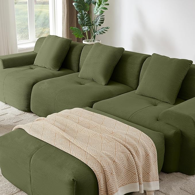 Cilee 113" Modular Sectional Sofa, Cloud Couch with Deep Seat, L-Shape Boneless Sofa, 3 Seat Memory Foam Sofa, No Assembly Required, Upholstered Couch for Living Room, Movable Ottoman, Corduroy, Green