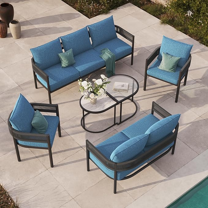 Grand patio 6-Piece Wicker Outdoor Furniture Set with 3-Seat Couch, Thick Cushions and Coffee Table, Patio Sofa Conversation Set for Backyard, Garden, Peacock Blue