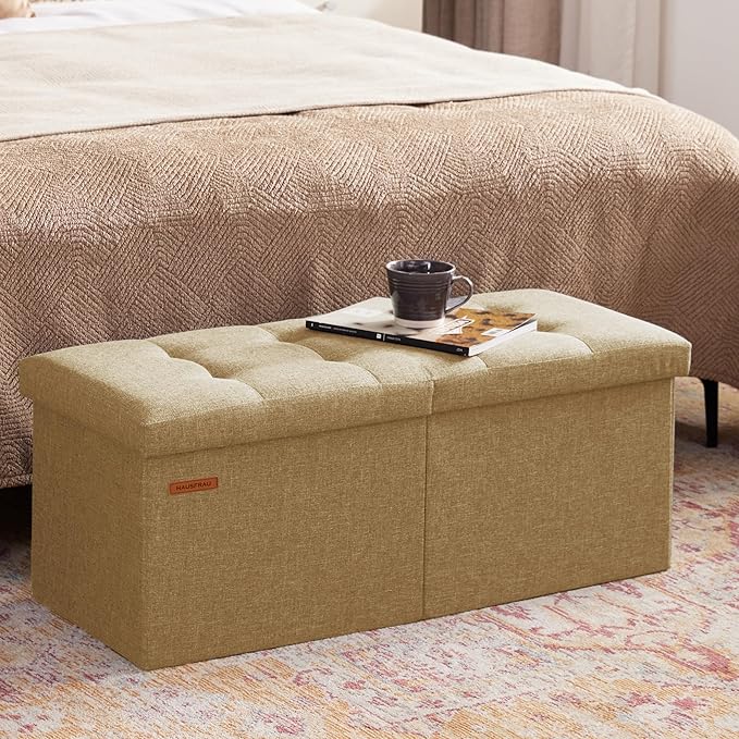 HAUSFRAU 31.5 Inches Ottoman with Storage Bench, Folding Ottoman Bench Small Foot Rest Stool, Bedroom Bench with Flipping Lid, Linen Kaki