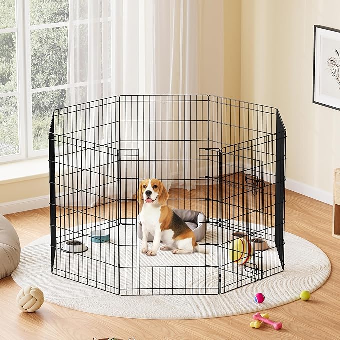 Yaheetech 34" High 8 Panel Foldable Metal Dog Exercise Pen Pet Playpen Dog Fence Outdoor & Indoor Use for Small Animals with Door Black