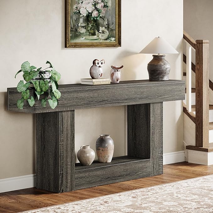Tribesigns 63" Console Table, Farmhouse 2-Tier Entryway Table with U-Shaped Base, Narrow Long Wood Sofa Table Behind Couch Table for Living Room, Hallway, Foyer, Dark Gray