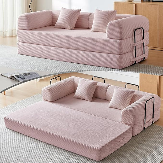 Compression Sofa, Cloud Sectional Sofa,Sofa Bed, Boneless Modular Sectional Sofa with 2 Pillow, Comfy Fluffy Couch with Futon Bed, Perfect for Living Room, Small Space (Pink)