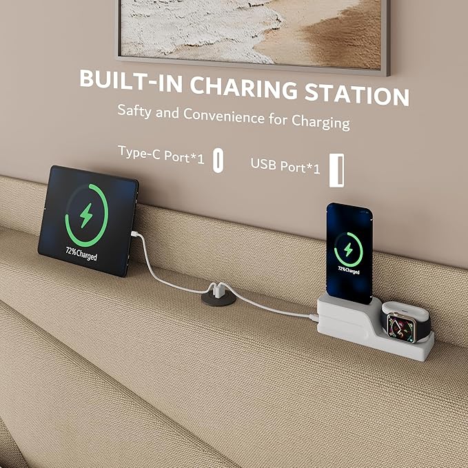 iPormis Queen Size Bed Frame with Charging Station, Linen Platform Bed Frame with Wingback Upholstered Headboard, Solid Wood Slats Support, No Box Spring Needed, Easy Assembly, Beige