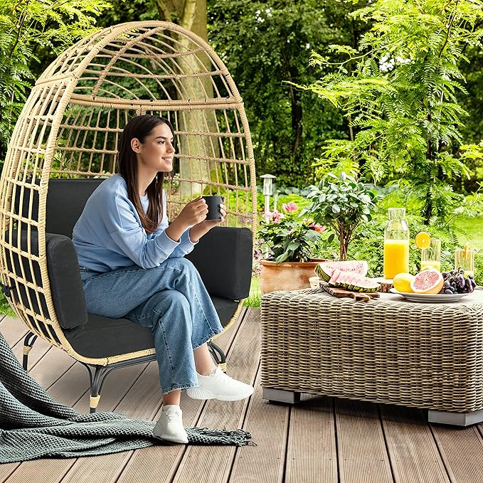 SereneLife Indoor/Outdoor Wicker Rattan Egg Chair with Cushions, Patio Hanging Egg Chair with Steel Frame, Washable Pillows, for Porch, Deck, Garden or Bedroom, 440 lbs. Capacity