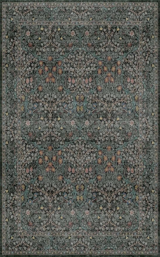 Washable Vintage 5x8 Living Room Rug, Dark Green Floral Area Rug for Bedroom Under Bed, Dining Room Under Small Dining Table, Office - Oriental Low Pile Non Slip & Stain Resistance (5x8 Dark Green)