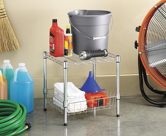 Whitmor 2 Tier Metal Storage Shelves, Heavy Duty Shelf with Basket, 350 lbs Capacity per Shelf, 700 lbs Total, Home Organizer for Kitchen, Bathroom, Bedroom, 15" L x 14" W x 15" H, Chrome