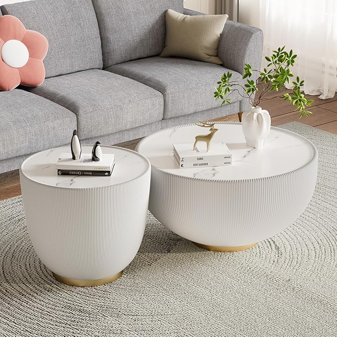 Round Coffee Table Set with Sintered Stone Tabletop, 27.56" White Drum Center Table and 19.69" White Coffee Table Set, 2 Pieces Living Room Table Set with Fluted PU Leather Cover& Metal Base