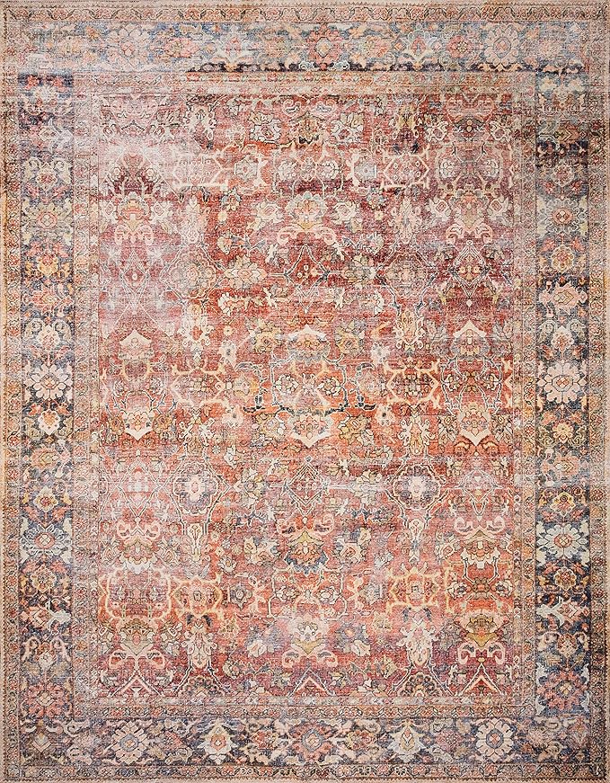 Loloi Layla Collection LAY-02 Spice/Marine 9'-0" x 12'-0" .13" Thick Area Rug, Soft, Durable, Vintage Inspired, Distressed, Low Pile, Non-Shedding, Easy Clean, Printed, Living Room Rug