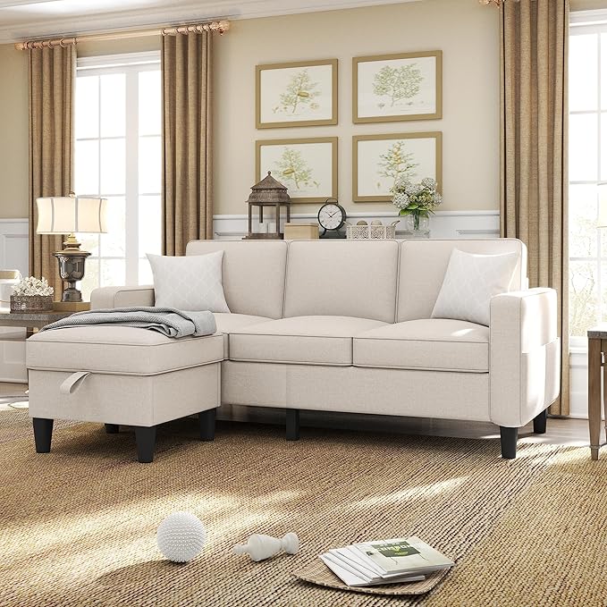 ZeeFu Couch for Living Room - 78'' Beige Linen 3 Seat L-Shaped Sectional Sofa Couches with Storage Ottoman - Modern Small Space Upholstered Furniture Sofa Set for Office Small Space Apartment Bedroom