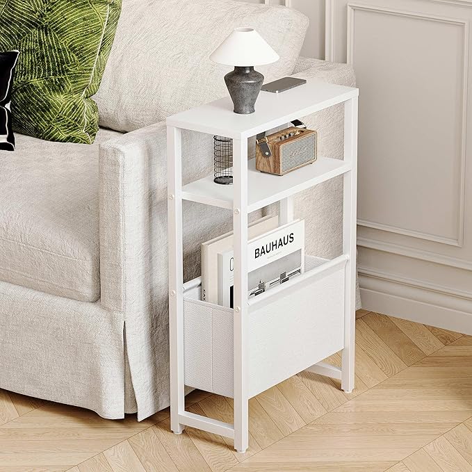 Narrow Side Table, Slim End Table with Magazine Rack, Bedside Table for Small Spaces, 3 Tier Sofa Couch Table Nightstand for Living Room, Bedroom, White LET503W