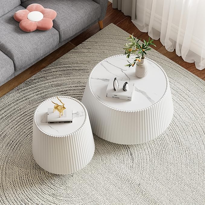 Round Coffee Table Set with Sintered Stone Tabletop, 26.77" White Drum Center Table and 19.68" White Coffee Table Set, 2 Pieces Living Room Table Set with Fluted PU Leather Cover& Stable Base