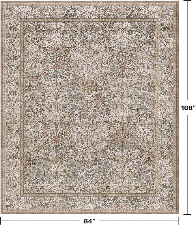 Washable Dining Room Rugs for Under Table - 7x9 Moss Green Oriental Area Rug for Living Room, Low Pile Non-Slip Floor Carpet for Bedroom Under Bed - Vintage Brown Neutral Design & Stain Resistance