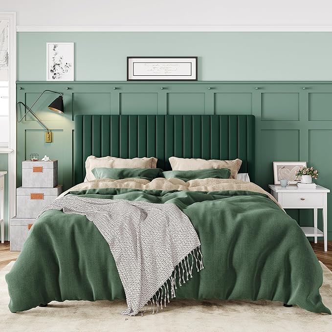 Allewie Full Bed Frame, Velvet Upholstered Platform Bed with Adjustable Vertical Channel Tufted Headboard, Mattress Foundation with Strong Wooden Slats, Box Spring Optional, Easy Assembly, Green