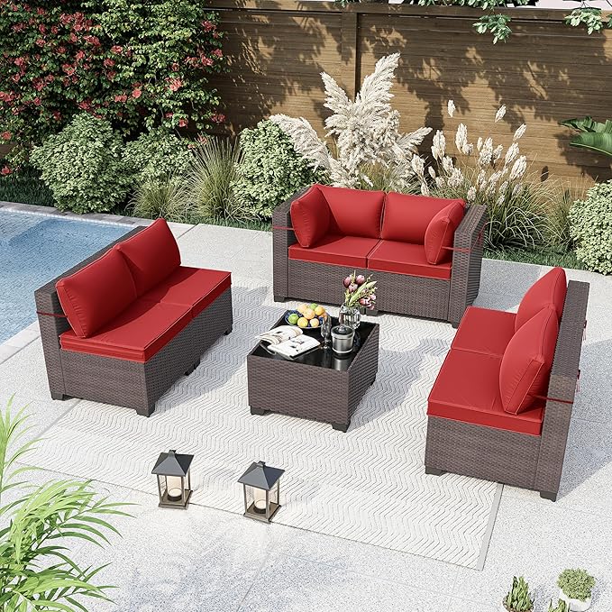 Kurapika 7 Pieces Patio Furniture Set, Rattan Wicker Outdoor Conversation Sets w/4 Inch Cushion and Glass Coffee Table(Red)