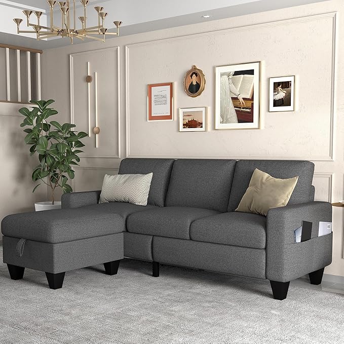 ZeeFu Couch for Living Room - 78'' Beige Linen 3 Seat L-Shaped Sectional Sofa Couches with Storage Ottoman - Modern Small Space Upholstered Furniture Sofa Set for Office Small Space Apartment Bedroom