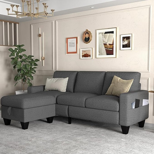 ZeeFu Couch for Living Room - 78'' Beige Linen 3 Seat L-Shaped Sectional Sofa Couches with Storage Ottoman - Modern Small Space Upholstered Furniture Sofa Set for Office Small Space Apartment Bedroom