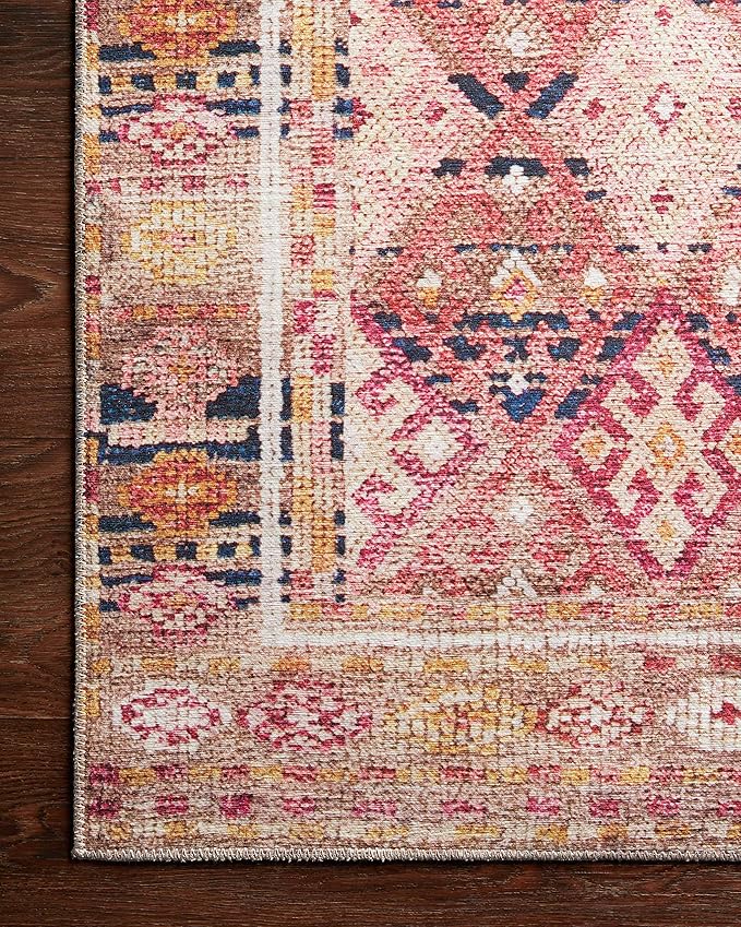 Loloi Layla Collection LAY-15 Magenta/Multi 2'-6" x 7'-6" .13" Thick Runner Rug, Soft, Durable, Vintage Inspired, Distressed, Low Pile, Non-Shedding, Easy Clean, Printed, Living Room Rug