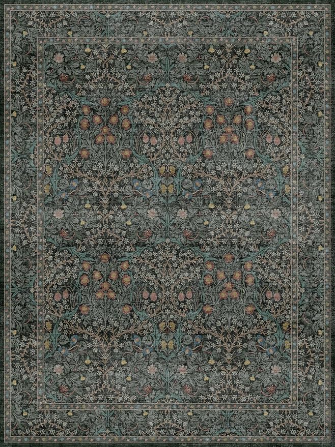 Washable Dark Green Rug for Living Room - 9x12 Large Area Rug for Dining Room Under Table, Bedroom, Soft Low Pile Non-Slip Stain Resistant Carpet - Vintage Floral Design (9x12 Dark Green)