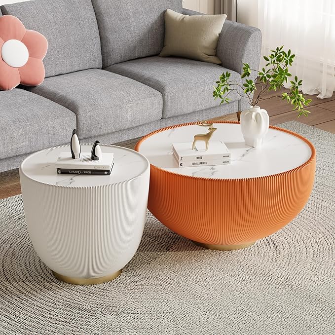 Round Coffee Table Set with Sintered Stone Tabletop, 29.53" Orange Drum Center Table and 19.69" White Coffee Table Set, 2 Pieces Living Room Table Set with Fluted PU Leather Cover& Metal Base